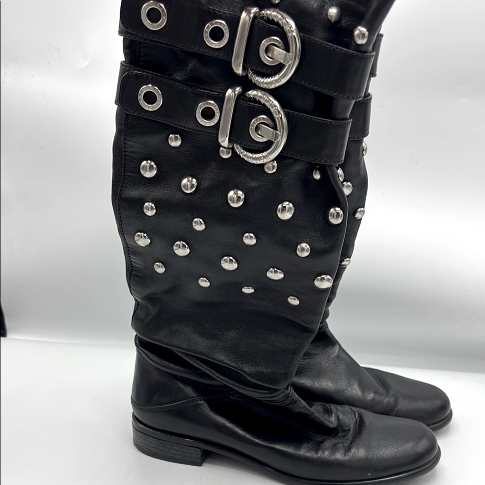 Stuart Weitzman Black Leather and Silver Studded Details - Picture 2 of 11